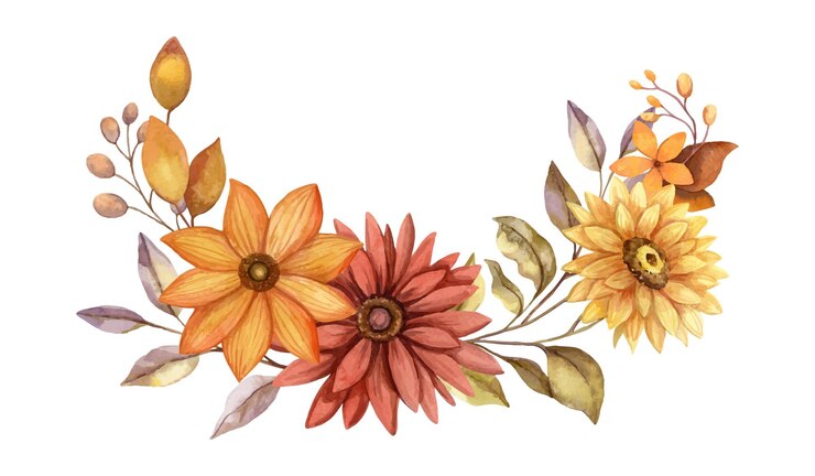 Vettore acquerello di fiori d'autunno a mezzo cerchio con aster e girasole a mano disegnato bouquet floreale con