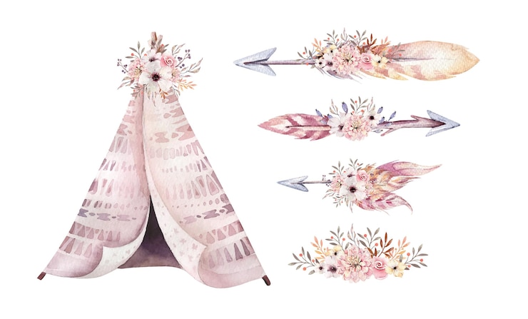 Vettore acquerello etnico boho set di teepee frecce piume e fiori elementi della tribù dei nativi americani