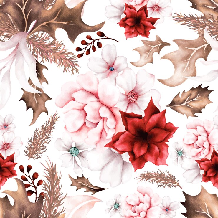 Vettore acquerello fiore di rosa senza cuciture e foglie secche