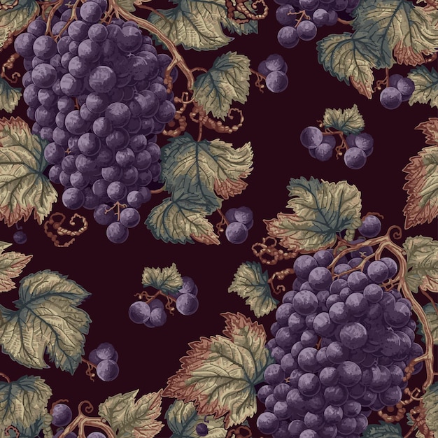 Acquerello foglie d'uva su sfondo scuro disegno vegetariano frutta fresca