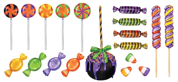 Acquerello Halloween colorato caramelle e dolci trattano clipart isolato su uno sfondo bianco