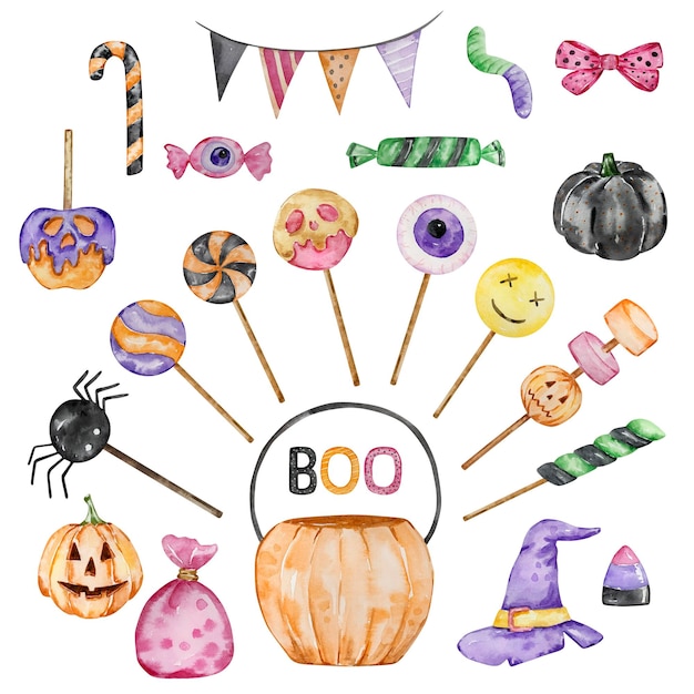 Acquerello Halloween set di secchiello di caramelle e lecca-lecca spettrali