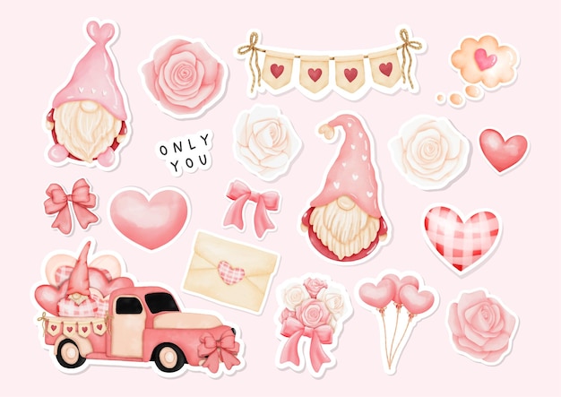 Acquerello Happy Valentine's Day Stickers con Gnome ed elementi di San Valentino.