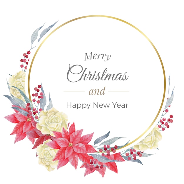 Acquerello merry christmas golden round frame rose e poinsettia