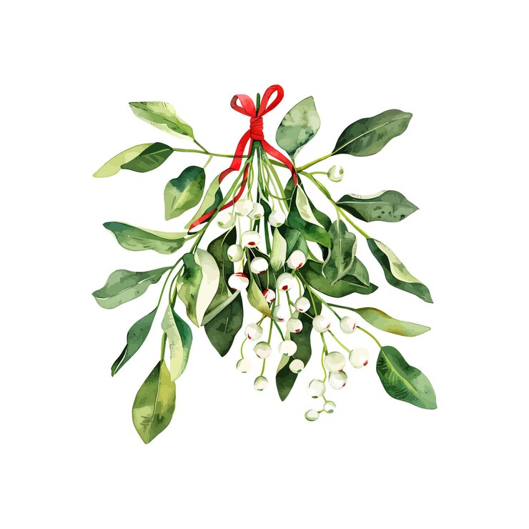 Acquerello Mistletoe Bunch con Red Ribbon Bow Disegno illustrativo vettoriale