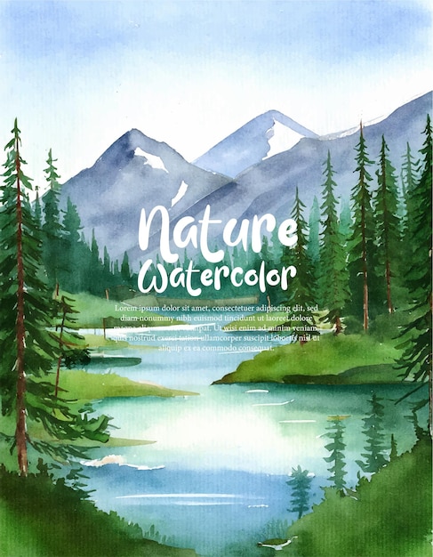 Acquerello paesaggio forestale sfondo bellissimo paesaggio naturale acquerello con lago montagna