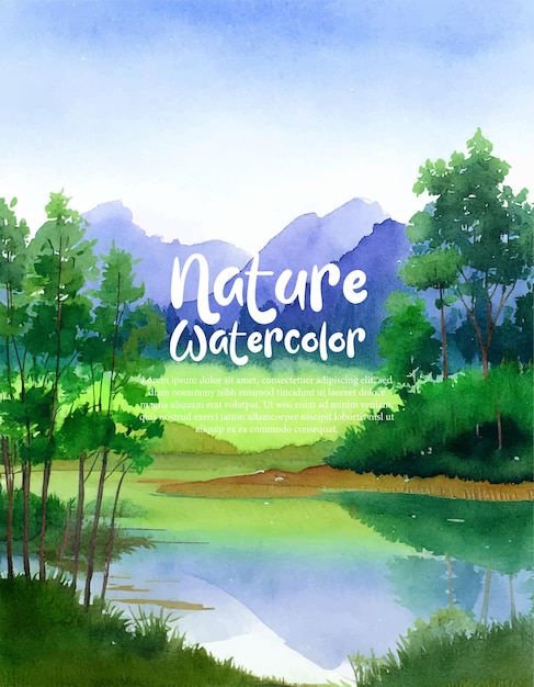 Acquerello paesaggio forestale sfondo bellissimo paesaggio naturale acquerello con lago montagna