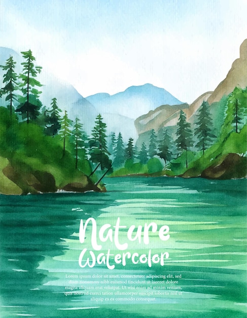 Acquerello paesaggio forestale sfondo bellissimo paesaggio naturale acquerello con lago montagna