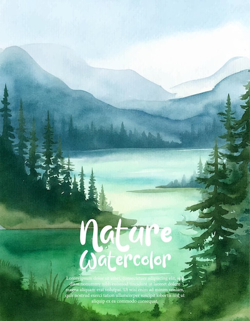 Acquerello paesaggio forestale sfondo bellissimo paesaggio naturale acquerello con lago montagna