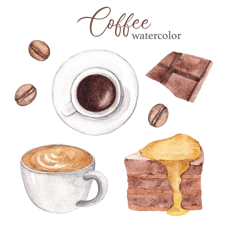 Acquerello set da caffè tazza da caffè latte chicchi di caffè al cioccolato cupcake