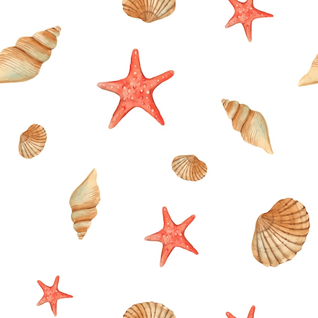 Acquerello sotto il mare disegnato a mano con stella di mare rossa e conchiglie per tessuto