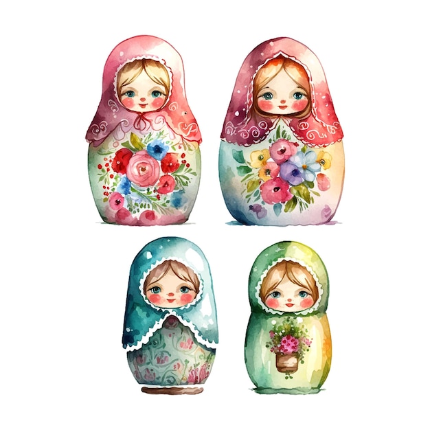 Acquerello vettore russia matrioska set bambola fiori giorno russo