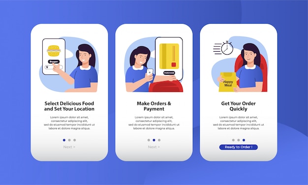 Acquista e consegna cibo on-line on-line schermi di app mobili