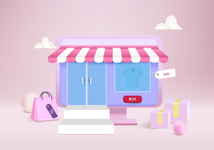 Vettore acquista sul computer con scatola e borsa per lo shopping online