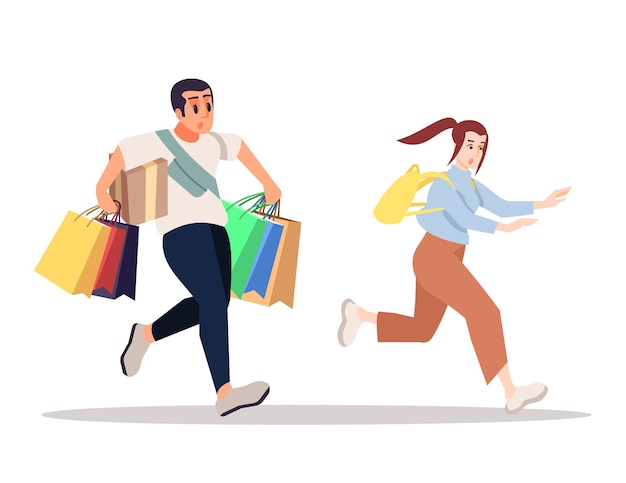 Acquistare insieme un'illustrazione vettoriale a colori RGB semi-piatta. Ragazza e ragazzo eccitati che partecipano all'evento di vendita personaggi dei cartoni animati isolati su sfondo bianco