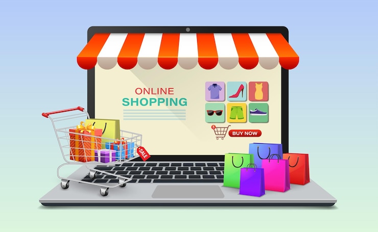 Vettore acquisti nel negozio online tramite laptop e borse carrello con scatole regalo