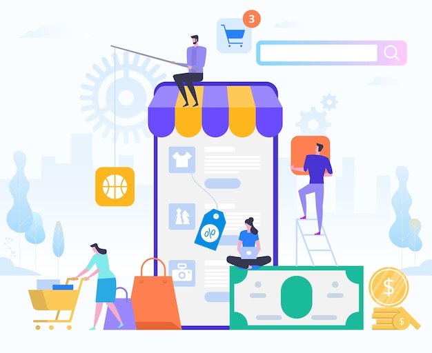Acquisti online e consegna degli acquisti. Vendite e-commerce, marketing digitale. Vendita e concetto di consumismo. Applicazione negozio online. Tecnologie digitali e Shoppin. illustrazione di stile.