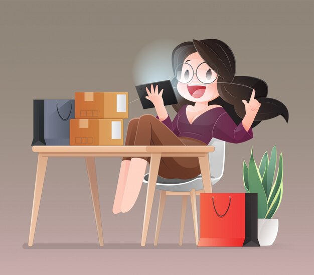 Acquisti online. Le donne del cliente del fumetto che indossano il rosa stanno comprando online con un computer portatile e un supporto della carta di credito in un Ministero degli Interni. Lavorando dal concetto di casa. Illustrazione personaggio piatto.