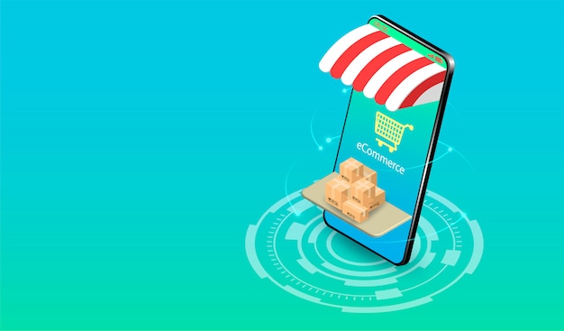 Acquisti online su smartphone con sistema di e-commerce. design piatto isometrico