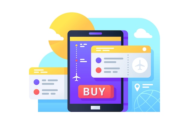 Acquisto di biglietti aerei tramite telefono cellulare per l'acquisto online. Icona isolata concetto di cellulare utilizzando l'app per la prenotazione di un viaggio in aereo.