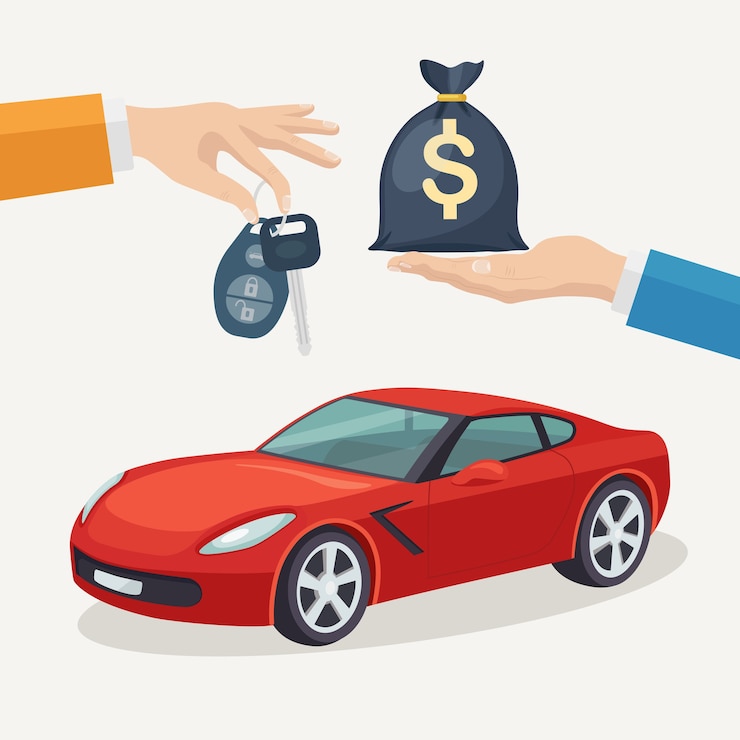 Vettore acquisto di un'auto nuova. mano che tiene la chiave dell'automobile e la borsa dei soldi