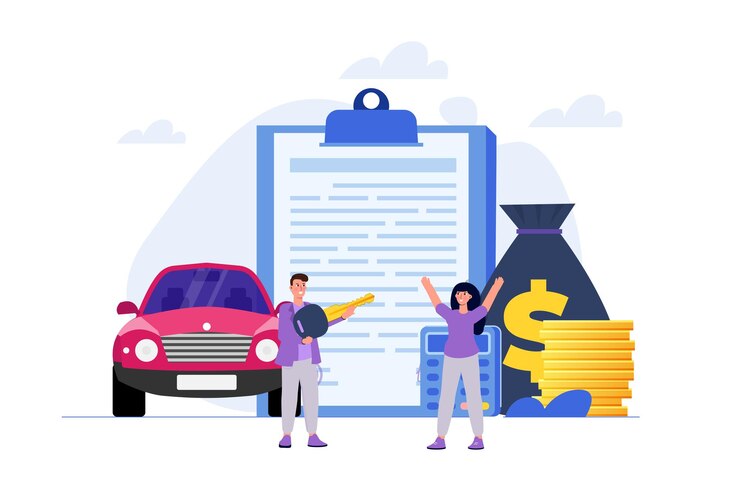 Vettore acquisto di una nuova automobile a credito, credito o prestito per auto, concetto di finanza automobilistica. illustrazione vettoriale.