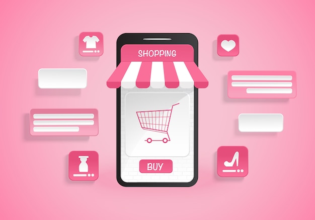 Acquisto online sull'illustrazione dell'applicazione dello smartphone su fondo rosa