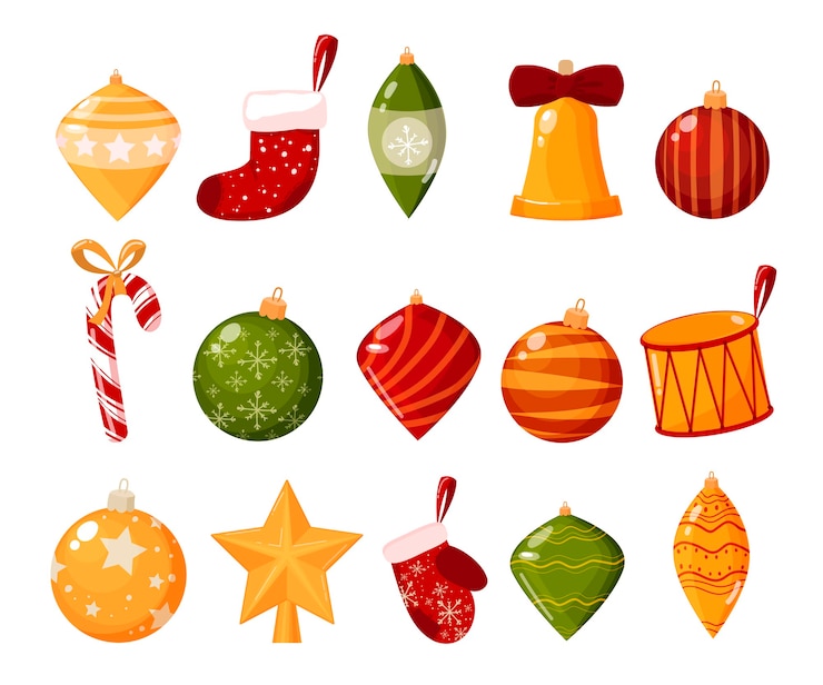 Vettore addobbi natalizi isolati su sfondo bianco set di illustrazione set. il concetto di vacanze invernali e celebrazioni. palle, stella, calzino, guanto, caramelle, tamburo.