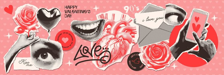 Vettore adesivi grunge yk collage per san valentino con adorabili adesivi in stile mezzitoni vintage punteggiati