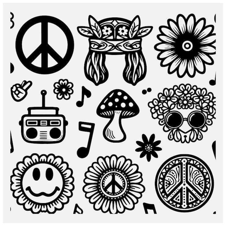 Vettore adesivi hippie icone groovy con segno di pace fiore fungo sorriso emoji doodle elemento hippie
