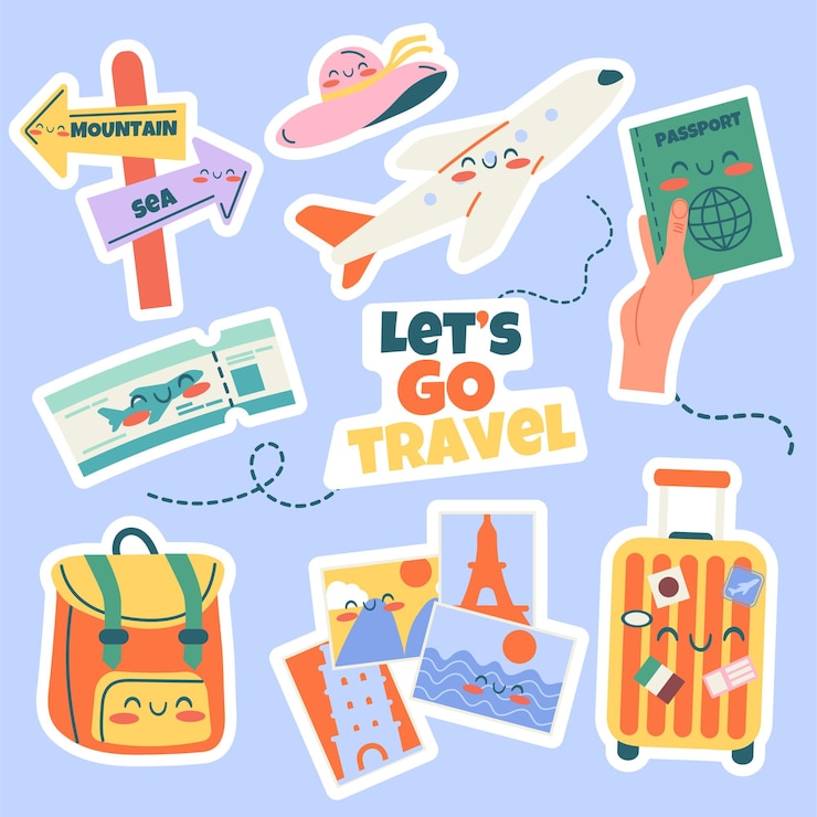 Vettore adesivi kawaii da viaggio elementi disegnati a mano con lettere