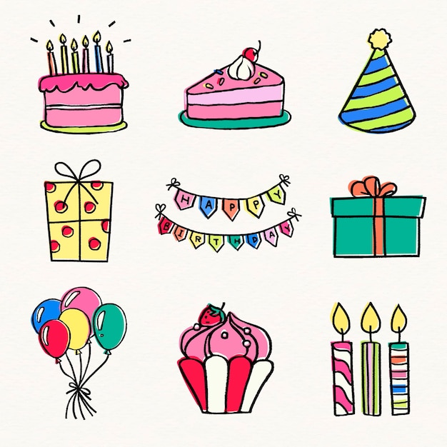 adesivi per feste di compleanno set di doodle festivi vettoriale