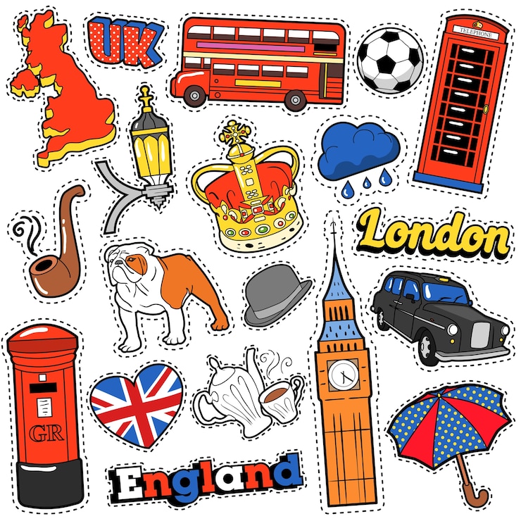 Vettore adesivi, toppe, badge per album di viaggi in inghilterra con taxi di londra, corona reale ed elementi britannici. doodle di stile comico