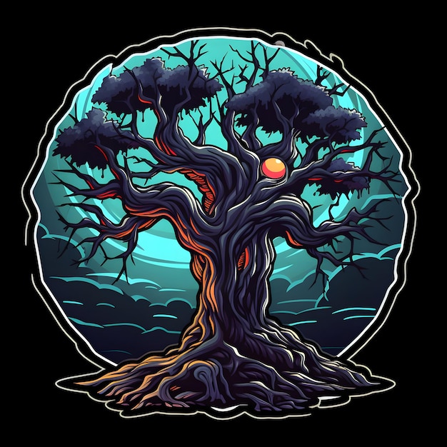 Adesivo albero stilizzato di Halloween Adesivo fantastico adesivo vettoriale Adesivo cartone animato di Halloween