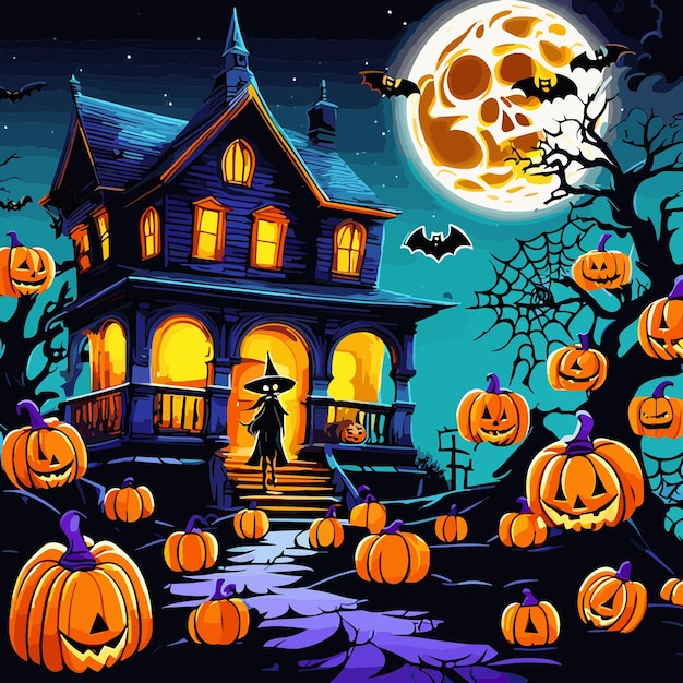 Adesivo con illustrazione vettoriale del castello delle zucche spaventoso di Halloween