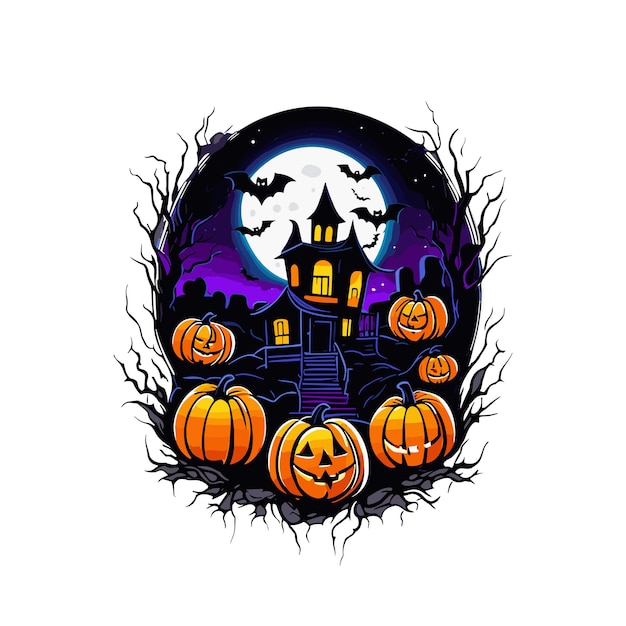 Adesivo con illustrazione vettoriale del castello delle zucche spaventoso di Halloween