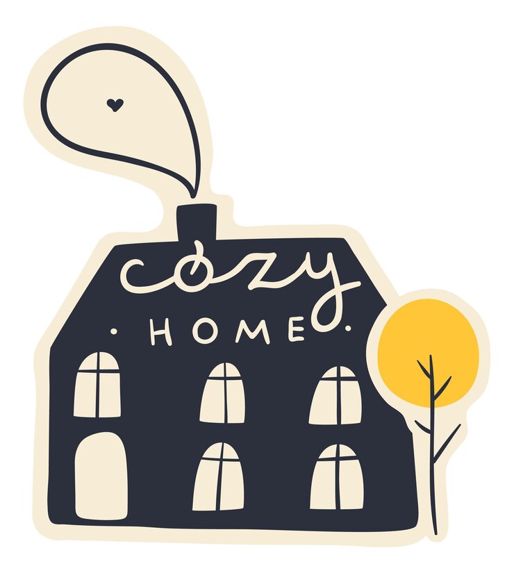 Adesivo con lettere di case Casa accogliente Piccolo edificio residenziale con citazione breve Segno di silhouette nera Immobiliare Architettura Doodle con finestra e camino Icona di palazzo carino vettoriale