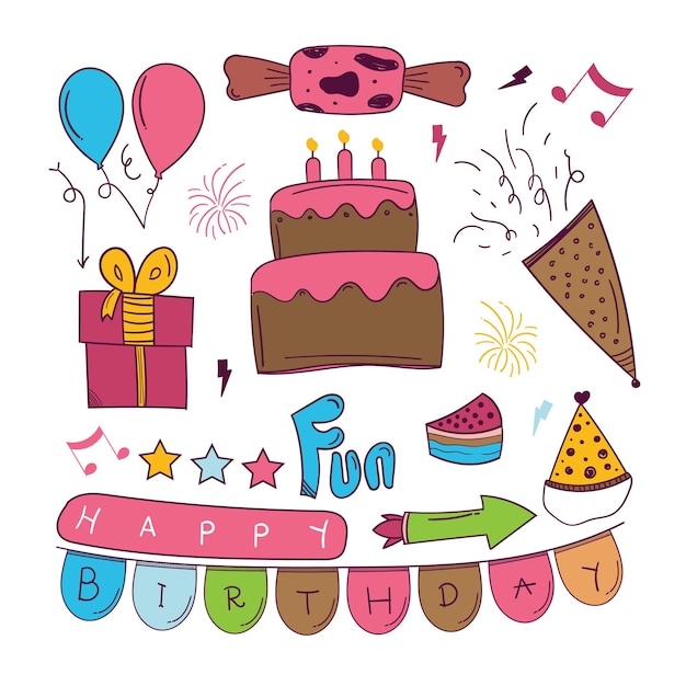 Adesivo disegnato a mano di buon compleanno in stile doodle