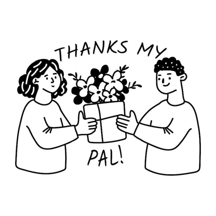 Vettore adesivo glifo di un uomo che dà un bouquet regalo a una donna con il testo grazie amico mio