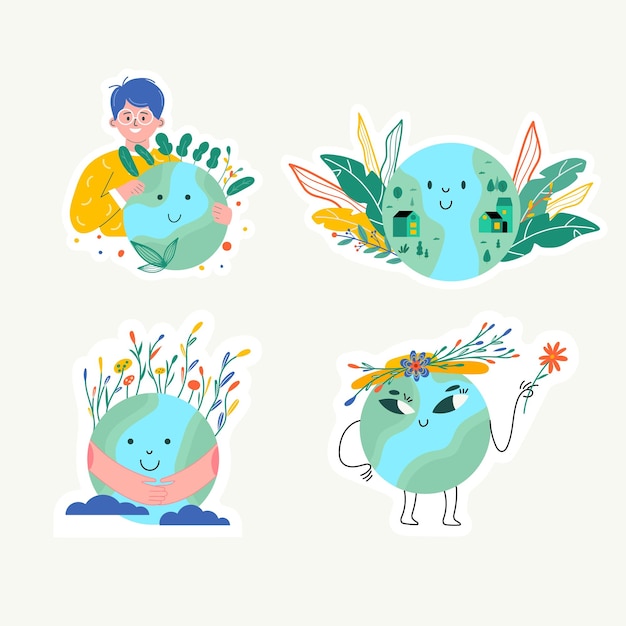 Adesivo Happy Earth Day Ecologia ricicla zero rifiuti impostato con salva ambiente illustrazione vettoriale Distintivi ecologici con ragazza natura pianta Design per shopping bag tshirt abbigliamento vestiti banner