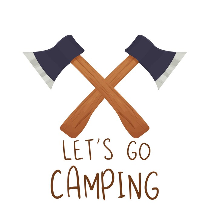 Vettore adesivo per attrezzature da campeggio con due asce incrociate con testo emblema grafico vettoriale lets go camping