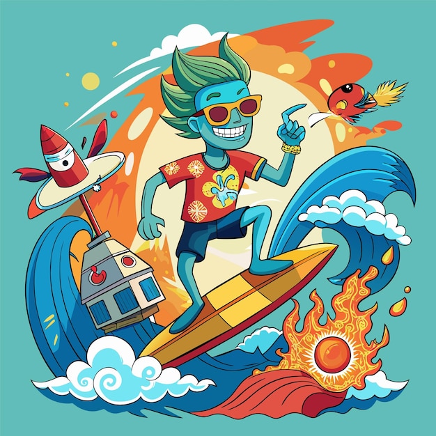 adesivo per magliette con un'illustrazione umoristica che fonde riferimenti alla cultura pop con motivi di surf