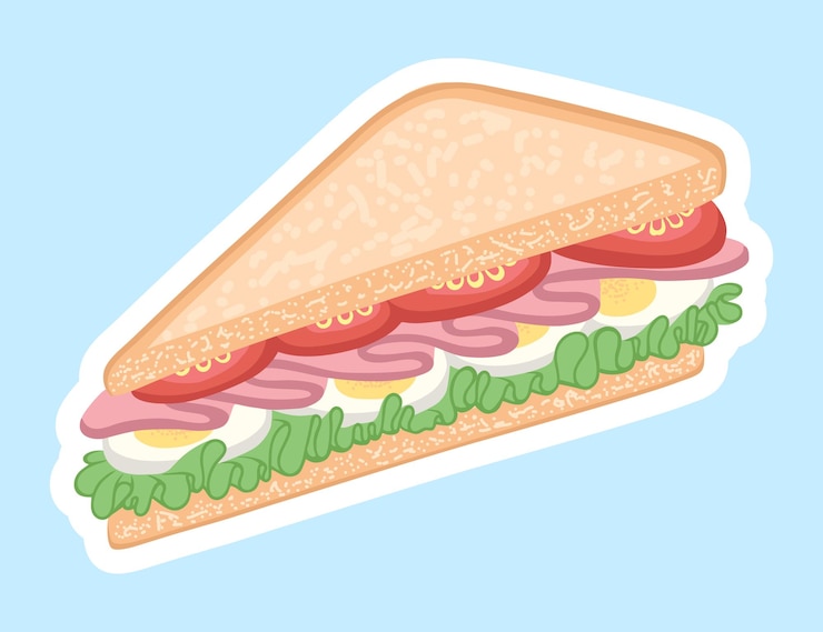 Vettore adesivo piatto sandwich fast food snack ripieno di pane prosciutto pomodoro uovo insalata verde