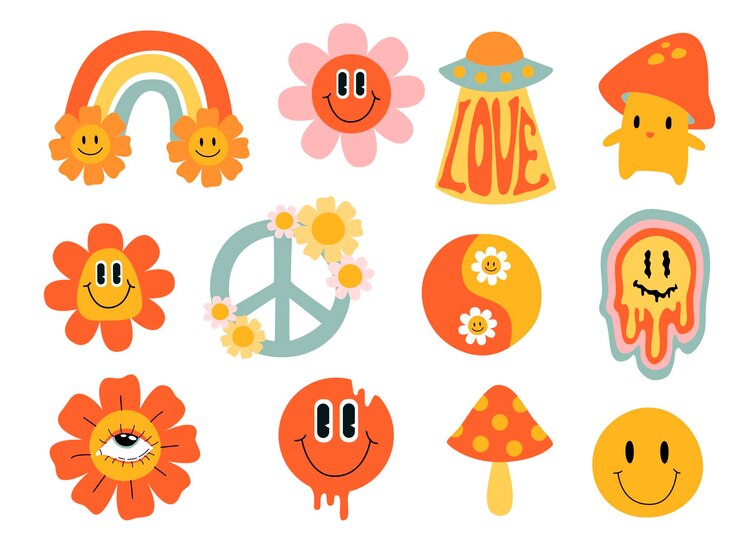 Adesivo retrò psichedelico. Personaggi emoji divertenti comici groovy astratti del fumetto. Illustrazione vettoriale