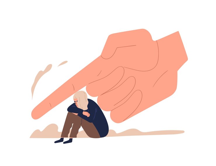 Vettore adolescente femminile depresso seduto sotto un'enorme illustrazione piatta vettoriale a mano. dispera piccola ragazza vittima di controllo, proibizione, punizione e forza isolata. concetto di pressione dei genitori e della società.