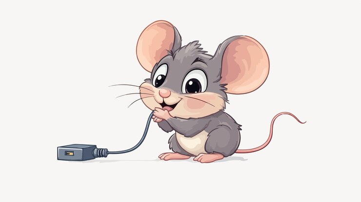 Vettore adorabile cartone animato mouse biting power cord illustrazione vettoriale