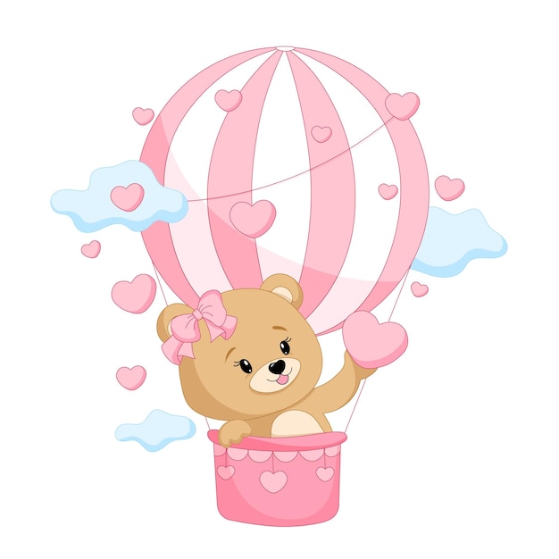 Adorabile orsacchiotto su una mongolfiera con cuori rosa Happy Valentine39s Day illustrazione vettoriale