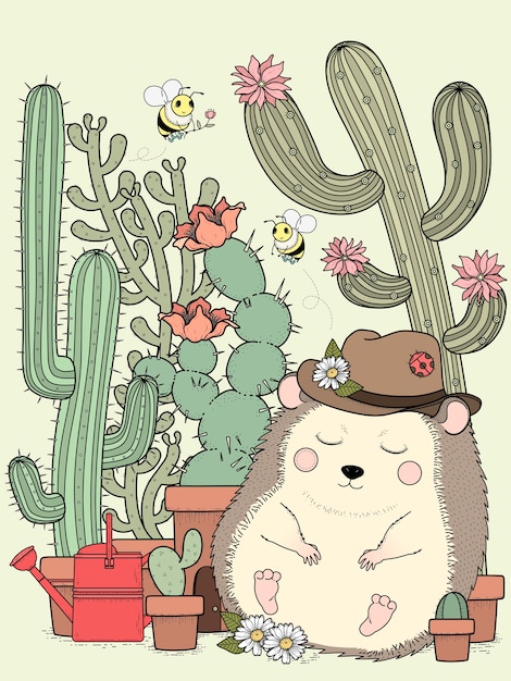 Adorabile riccio con cactus da colorare per adulti