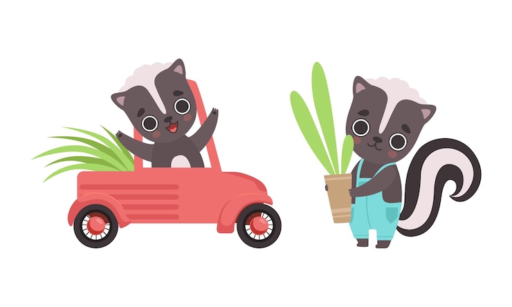 Vettore adorabile set di attività di tasso carino personaggio animale bambino che guida una macchina e tiene un vaso di fiori con illustrazione vettoriale di cartoni animati di piante