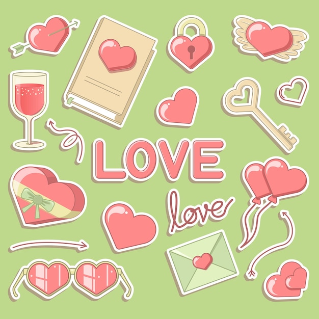 Adorabili elementi vettoriali romantici perfetti per biglietti e adesivi